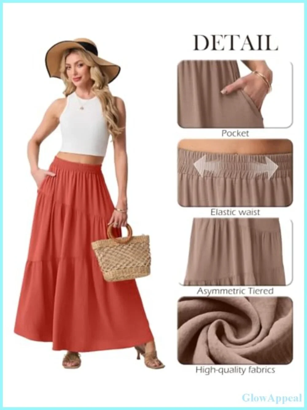 High Waist Tiered Maxi Skirt with Pockets Flowy A-Line Boho Casual Lightweight
